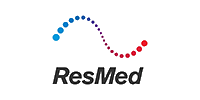 ResMed logo: curved blue-to-red dotted arc above the word ResMed