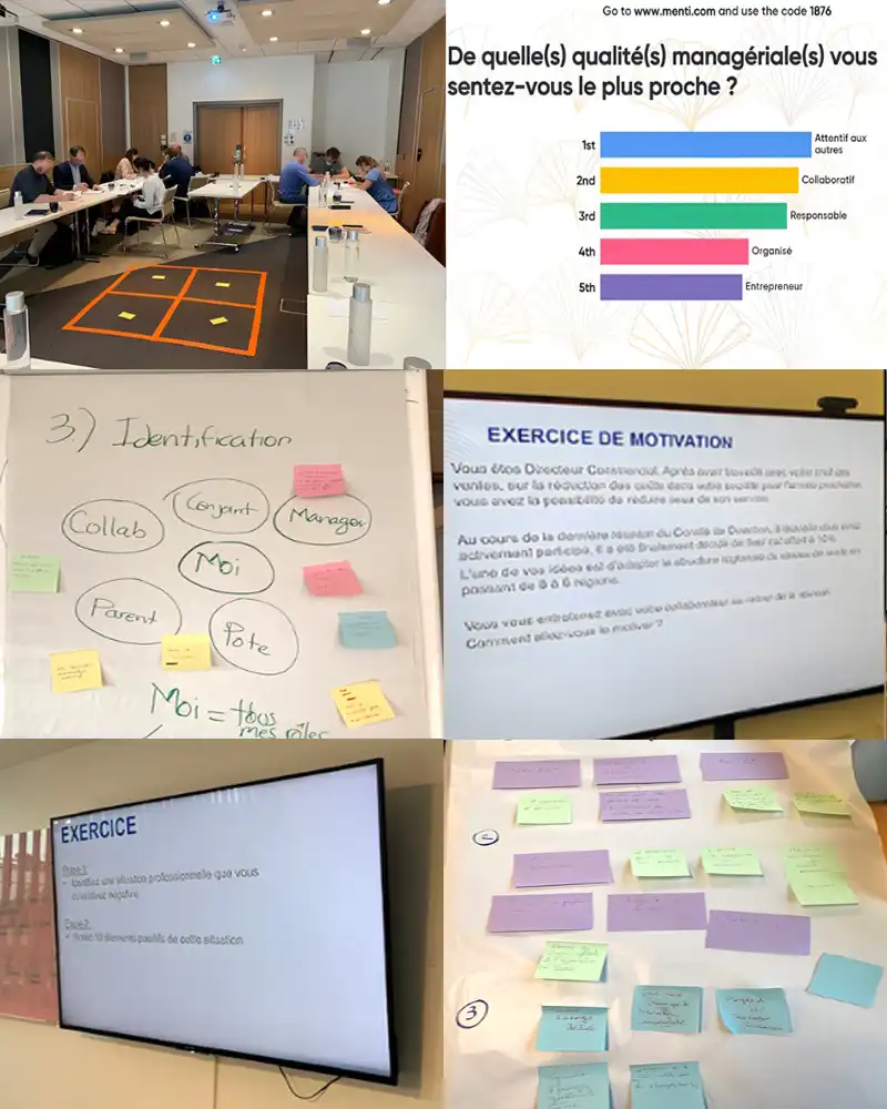 Collage of a workshop: people seated around tables in a conference room, engaging in group work with a drawn grid on the carpet and water bottles on the table.