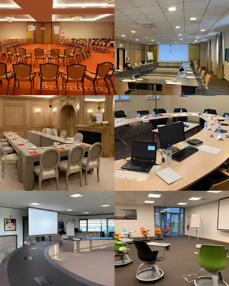 Six meeting spaces: banquet conference hall, boardroom, formal dining room, training room with laptops, curved presentation room, and flexible seating area.